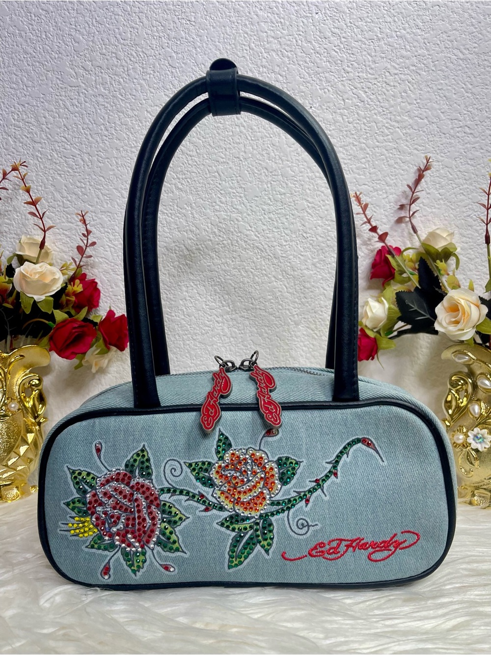 Ed Hardy Denim Blue Floral Sequin Satchel Bag